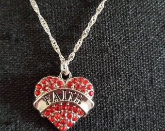 Red Rhinestone heart shaped necklace "FAITH"