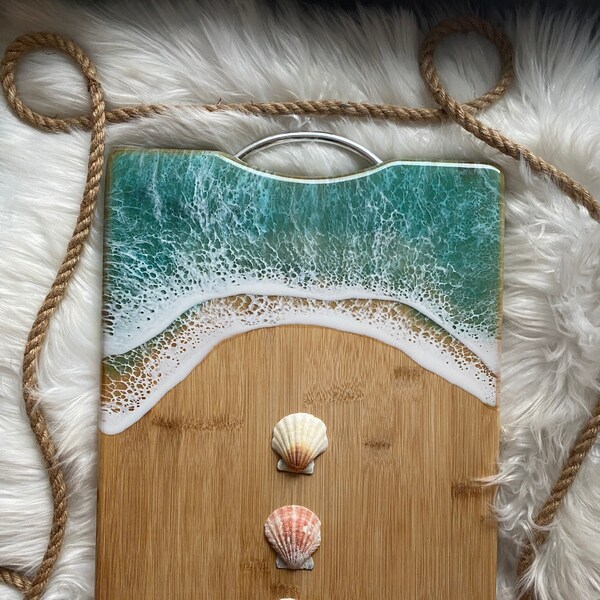 Large bamboo decorative cheeseboard with silver handle and resin waves, home decor, gift ideas, housewarming gifts