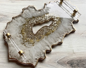 custom made Beautiful resin geode tray, white and gold, vanity tray, home decor, agate-shaped tray