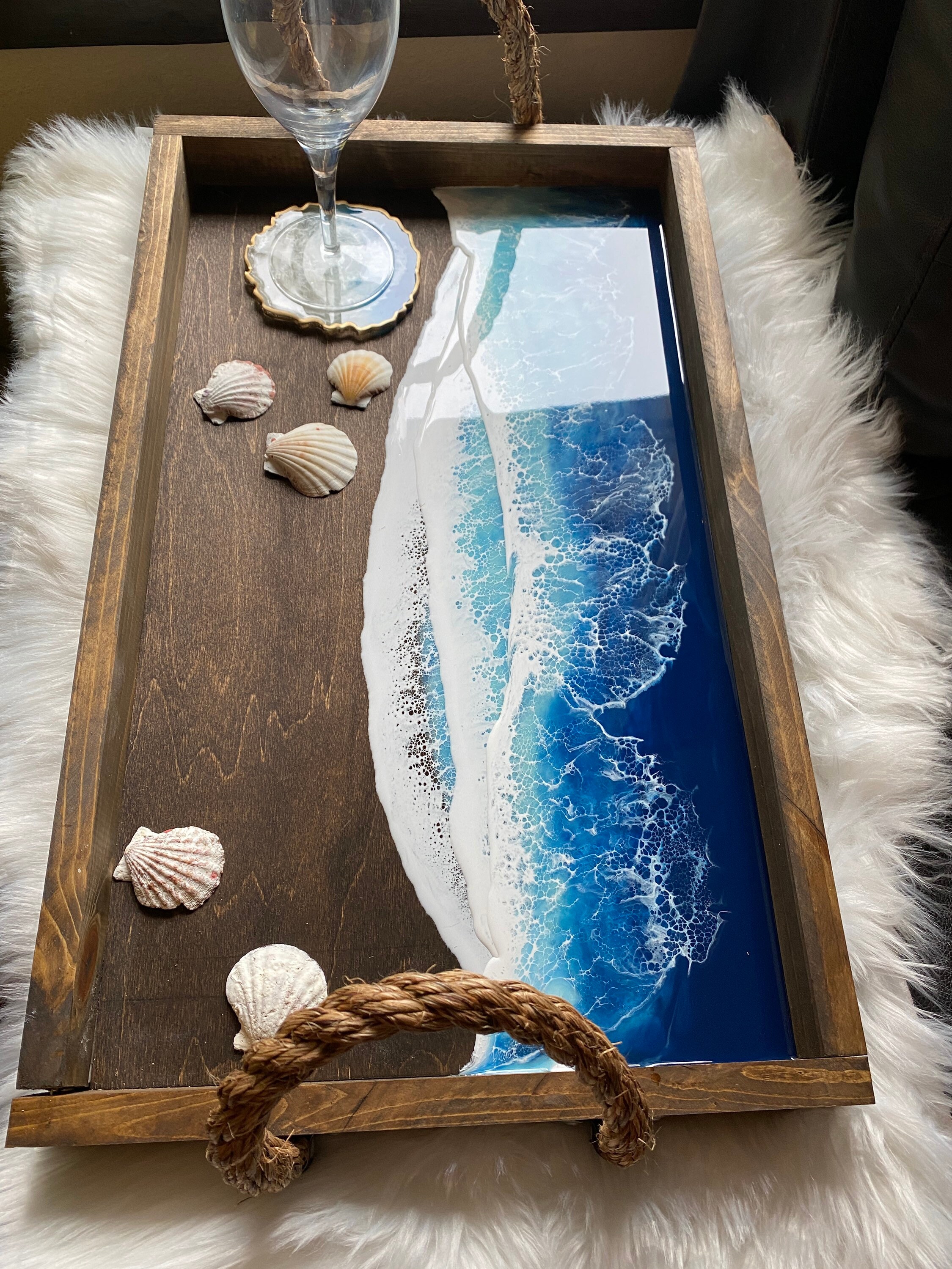 Large wooden tray with rope handles and resin ocean design Etsy