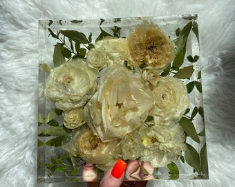 Resin Bouquet Preservation, 8-inch by 8-inch Block, floral preservation, gift ideas, flower preservation, wedding gift, wedding flowers