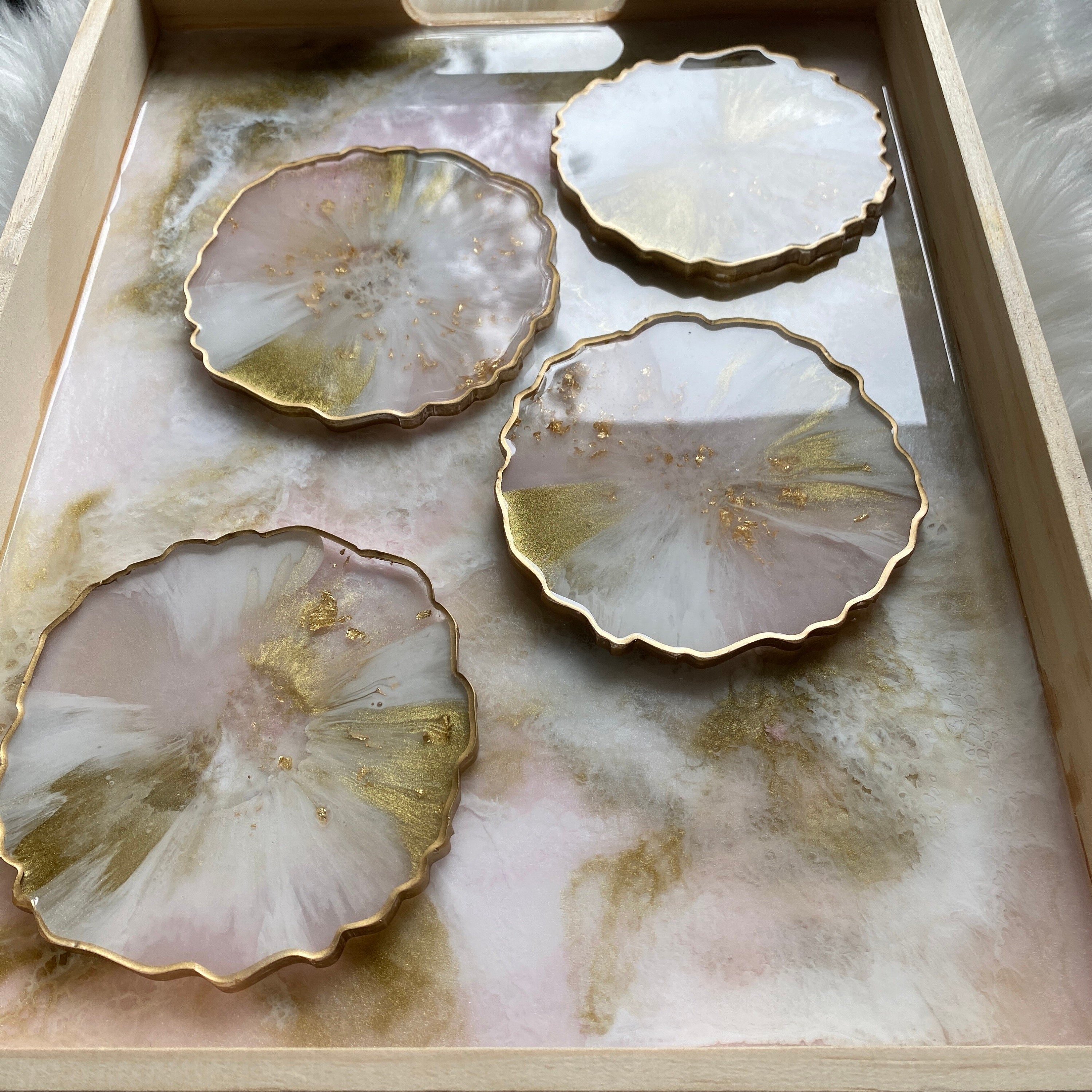 Tablett und 4 Achterbahn Set rosa gold und weiß Harz Dekor | Etsy