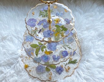 SALE 3-tier stand with gold leaf hardware and pressed flowers and greenery, home decor, pressed flower art