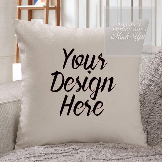 Blank Beige Square Mockup Pillow Living Room Chair Photo
