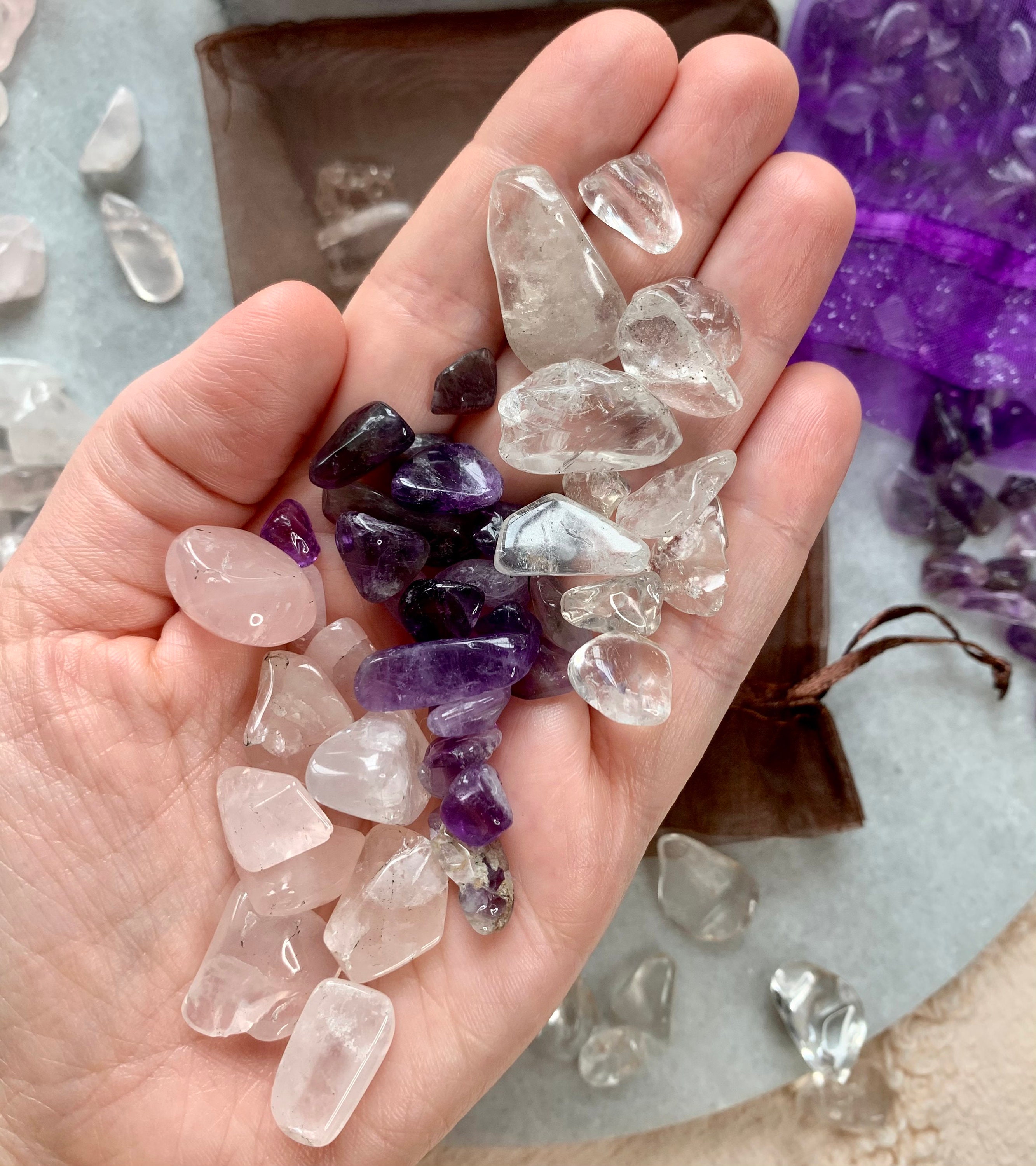 Crystal Chips in Mesh Bag Amethyst Chips Rose Quartz Chips Etsy