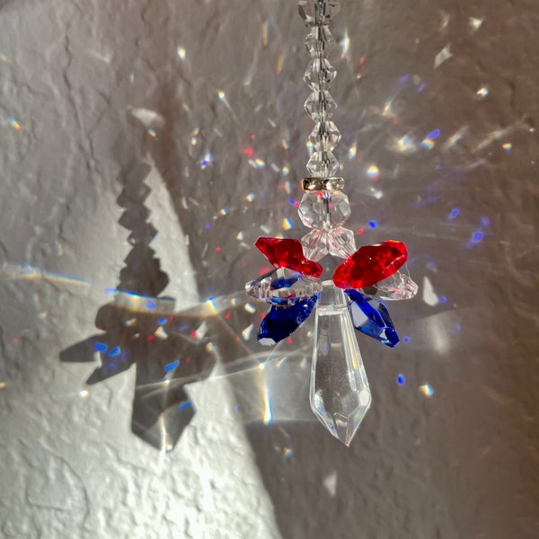 Red White Blue Crystal Angel Suncatcher / Crystal sun catcher / Rainbow Maker / Prism Sun Catcher / Car charm / Car decor / Crystal Ornament