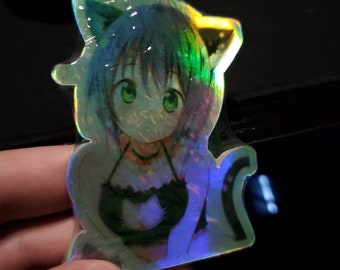 Holographic Neko Waifu Cat Girl Sticker for phone Laptop