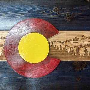 Handcrafted Wooden Colorado Flag Snowy Mountains