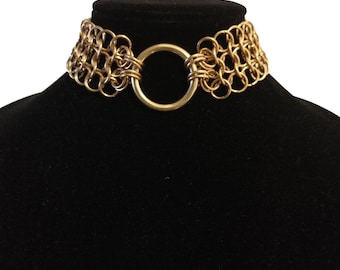 Gold Tone Chainmail Choker: Brass & Stainless Steel Statement Necklace