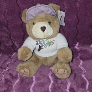 May include: A brown teddy bear wearing a lavender baseball cap and a white t-shirt with the words "Devil Rays" in blue and green. The bear has a cream-colored snout.