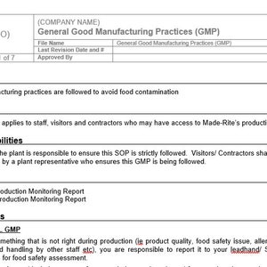 General Good Manufacturing Practices (GMP) TEMPLATES for Manufacturing ...