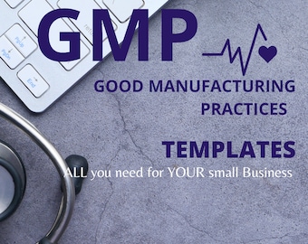 May include: A close-up of a keyboard and a stethoscope on a gray surface. The text "GMP - GOOD MANUFACTURING PRACTICES TEMPLATES ALL you need for YOUR small Business" is displayed in blue.