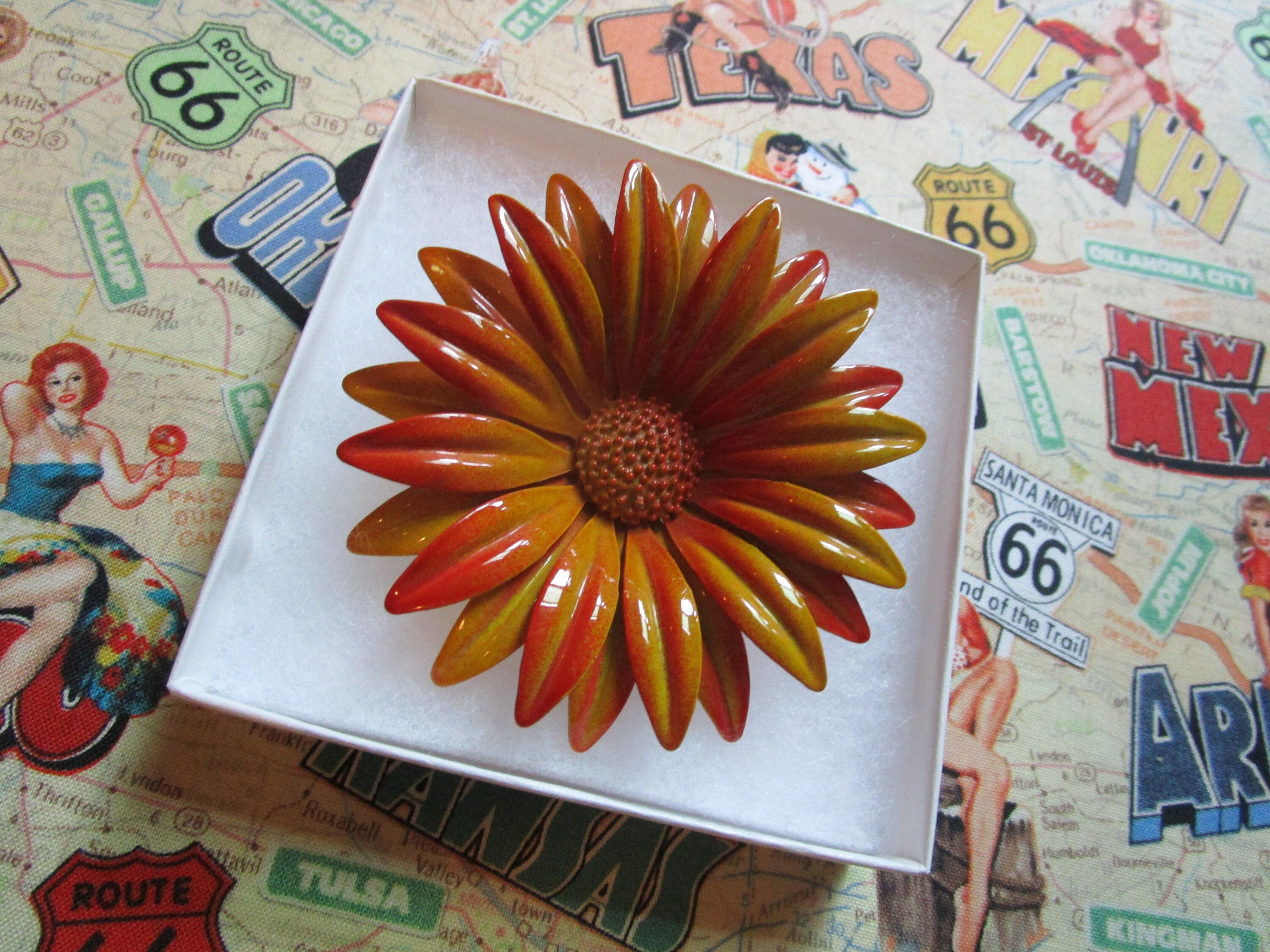 Orange Flower Brooch Vintage Metal Pin 1960's Accessory