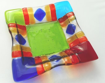 Fused Glass Dish - Multicolored Ashtray - Trinket Tray - Signed Initial KW