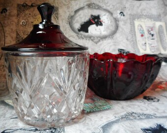 Vintage Ruby Red Glassware Set: Mid-Century Sugar Bowl and Treat Bowl