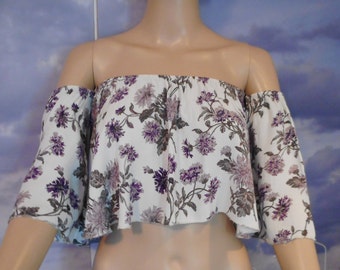 Sexy Sleeveless Crop Top - Floral - Purple Flowers Print - Made In Italy - Swimwear Cover - Dance - Beach - Evening Date - Unique Special