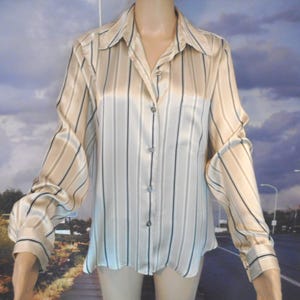 Vintage Evan Picone Silk Blouse: 1980s Striped Button-Up, Size 10