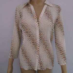 Vintage Women&#39;s Button Up -Blouse - Top 80&#39;s Fashion - Vintage - Polka-Dot Top - Beige Tan Top - Travel Friendly - Business - Evening - Date