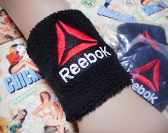 New In Package Reebok Embroidered Wristbands - Pair Black & Red Designer Fitness Sweatbands - Fitness Accessories