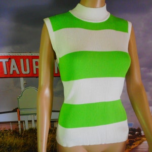 Vintage Bright Green Sleeveless Mockneck Ribbed Summer Knit Top - Made In Hong Kong Vintage - Medium Fitted - Green and White Striped Top