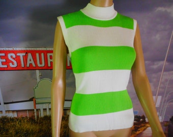 Vintage Bright Green Sleeveless Mockneck Ribbed Summer Knit Top - Made In Hong Kong Vintage - Medium Fitted - Green and White Striped Top