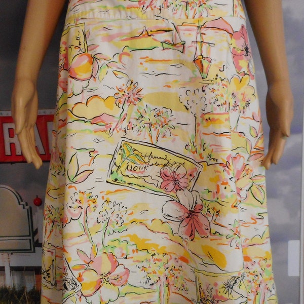 Novelty Skirt - Luau - Beach Skirt - Size 4 Vintage Skirt - Tiki Hawaiian Skirt - Pink & Yellow Graphic Skirt - Travel Skirt - Resort Wear