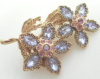 Vintage Lavender Floral Brooch Pin - Light Purple/Lilac Rhinestones On Gold Tone Branches