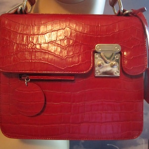 Red Structured Purse - Vintage Red Handbag - Bags & Purses - Top Handle Bag - Elka Handbags Inc - 90&#39;s Animal Friendly  - Mini-Satchel -