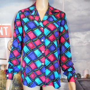 Bright 80&#39;s Button-up Blouse - Colorful Vintage Blouse - Retro Top - Vintage Clothing - Tops Blouses - Day - Evening Wear - Office - Cover