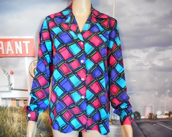 Vintage 80s Button-Up Blouse: Colorful Geometric Print, Mother of Pearl Buttons