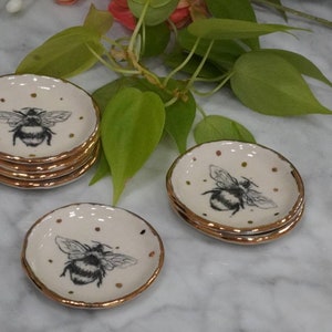 Hand Drawn, Bumble Bee Ring Dish, Teabag Holder with Gold Rim