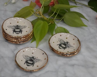 Hand Drawn, Bumble Bee Ring Dish, Teabag Holder with Gold Rim