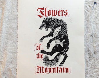 Flowers of the Mountain, 10x14” Linocut Fine Art Print, Fantasy Art, High Quality Ink and Archival Paper