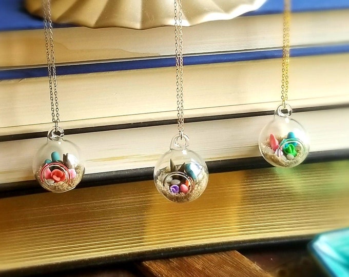 Featured listing image: Miniature Glass Terrarium Necklace: Micro Clay Plants, Gold Chain