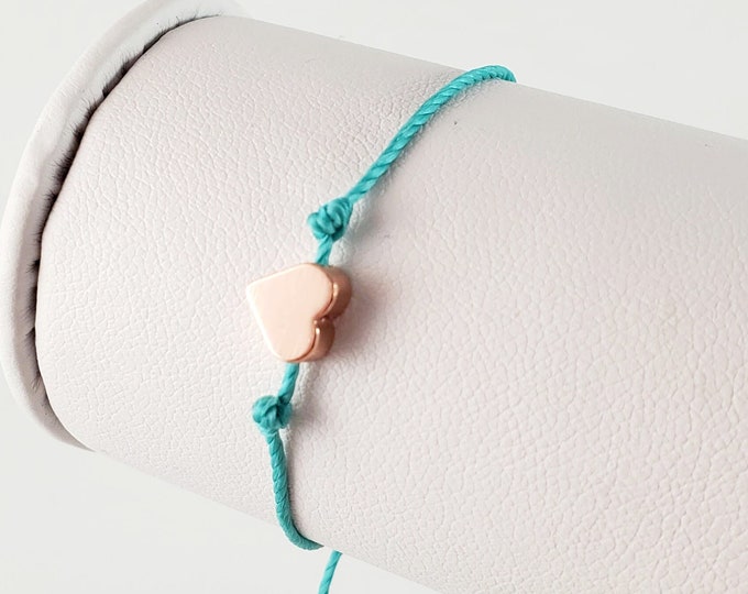 Light Blue String Bracelet: Rose Gold Heart, Adjustable Friendship Jewelry