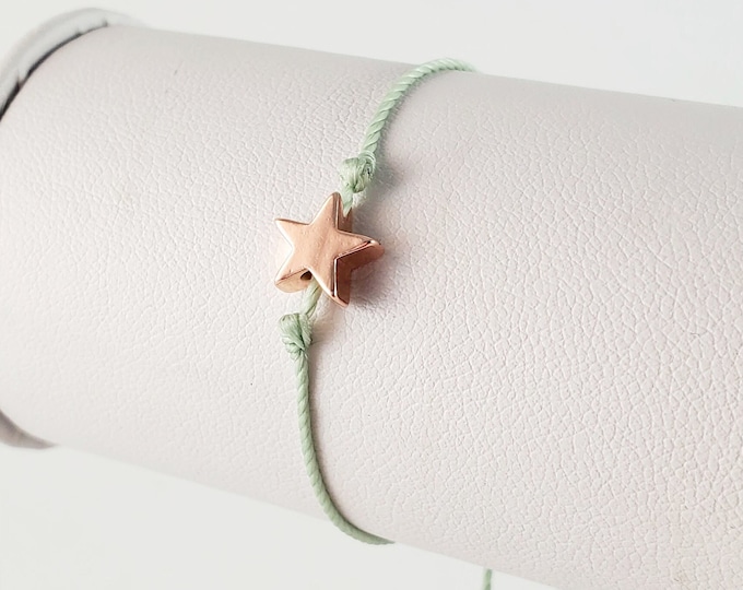 Sage Green String Bracelet: Rose Gold Star, Adjustable Friendship Jewelry