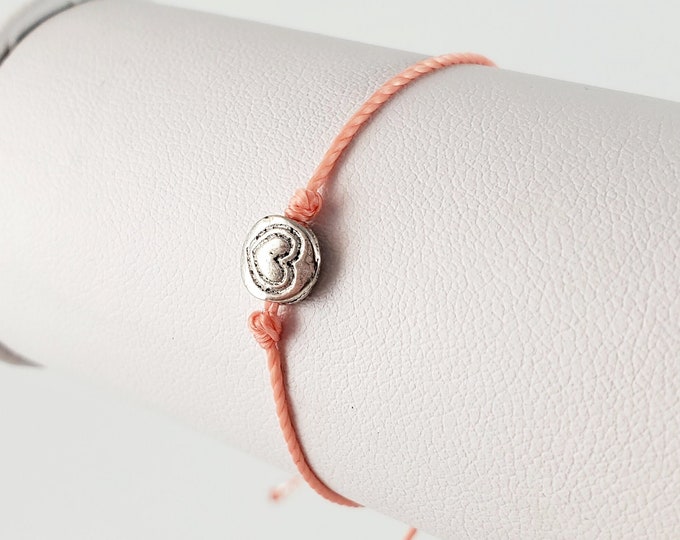 Orange String Bracelet: Silver Heart Charm, Adjustable Friendship Jewelry