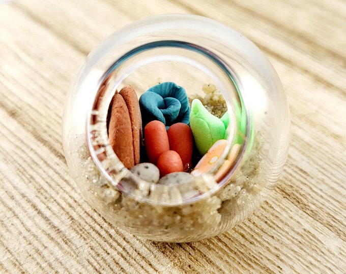 Tiny Glass Terrarium, Micro Clay Plant Sculpture, Faux Indoor Garden