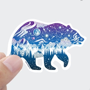 Sticker mat résistant à l'eau ours galaxie/lune et étoiles/art de la nature/astronomie/espace/autocollant pour voiture/bouteille d'eau Sticker pour téléphone portable