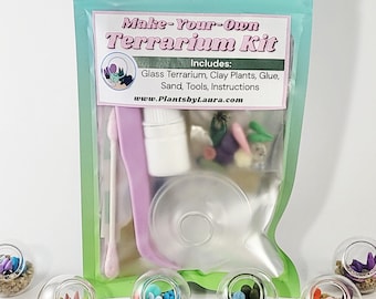Puede incluir: Un kit de terrario "Make-Your-Own" en una bolsa de plástico transparente, con el texto "Make-Your-Own Terrarium Kit". El kit incluye un terrario de vidrio, plantas de arcilla, pegamento, arena, herramientas e instrucciones. Varios terrarios de vidrio pequeños llenos de arena y plantas de arcilla de colores están frente al kit.