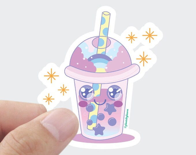 Pink Bubble Tea Character Sticker: Kawaii Water Bottle Laptop Decal