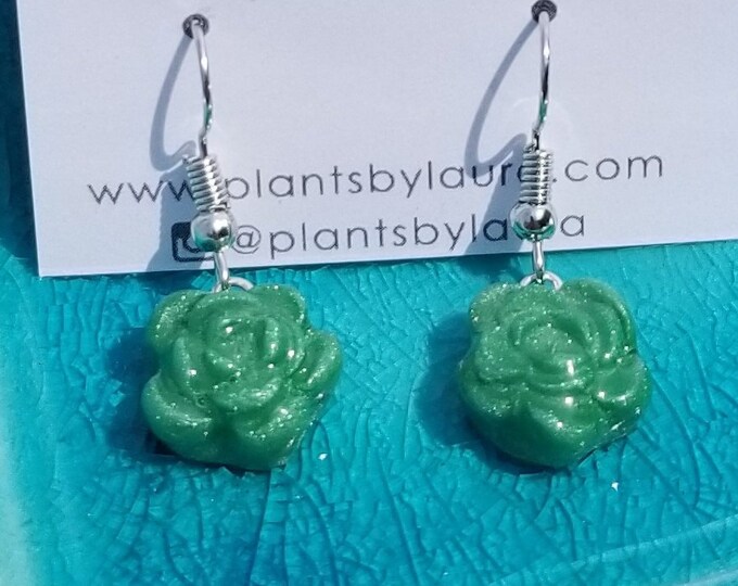 Green Succulent Earrings: Clay Flower Charm, Stainless Steel Hooks