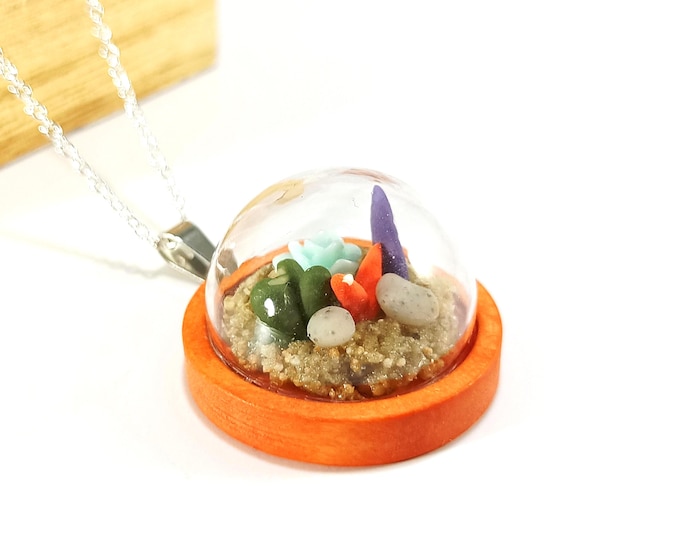 Miniature Glass Terrarium Necklace with Wood Base: Micro Clay Plants, Silver Chain