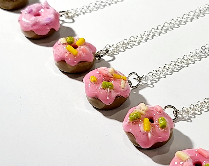 Pink Donut Charm Necklace: Handmade Stainless Steel Chain