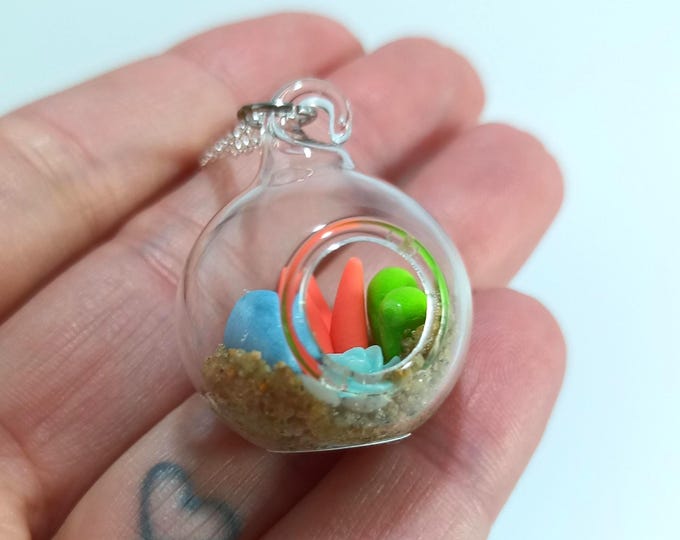 Miniature Glass Terrarium Necklace: Micro Clay Plants, Silver Chain