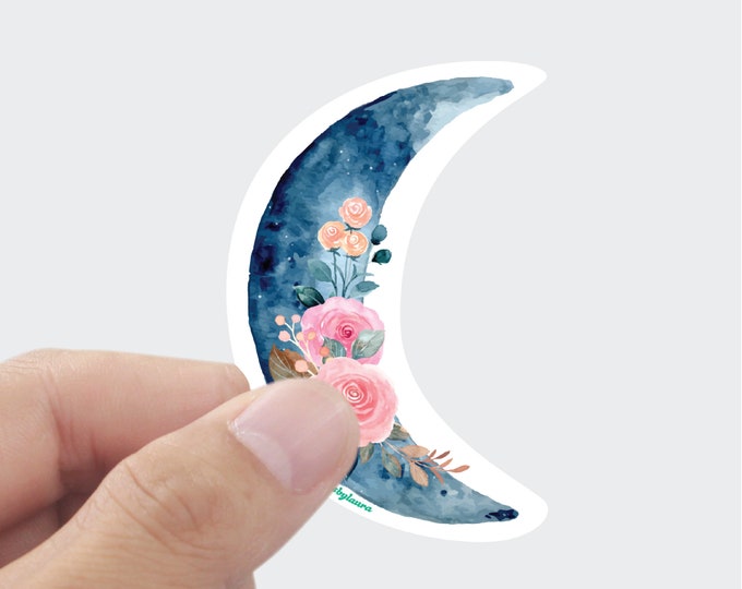 Floral Crescent Moon Sticker: Matte Water Resistant Vinyl Decal