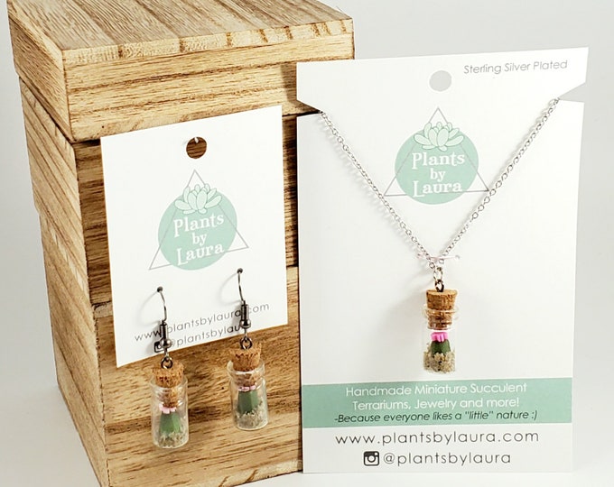 Miniature Terrarium Jewelry Set: Clay Succulent Bottle Necklace & Earrings