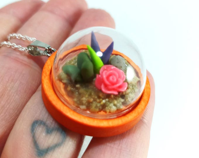 Miniature Glass Terrarium Necklace with Wood Base: Micro Clay Plants, Silver Chain