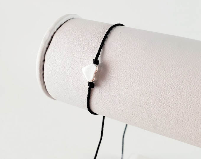 Silver Heart Black String Bracelet: Adjustable Friendship Jewelry