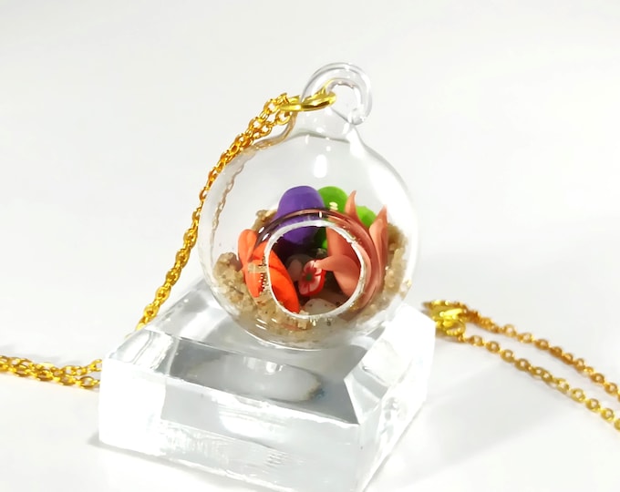 Miniature Glass Terrarium Necklace: Micro Clay Plants, Gold Chain